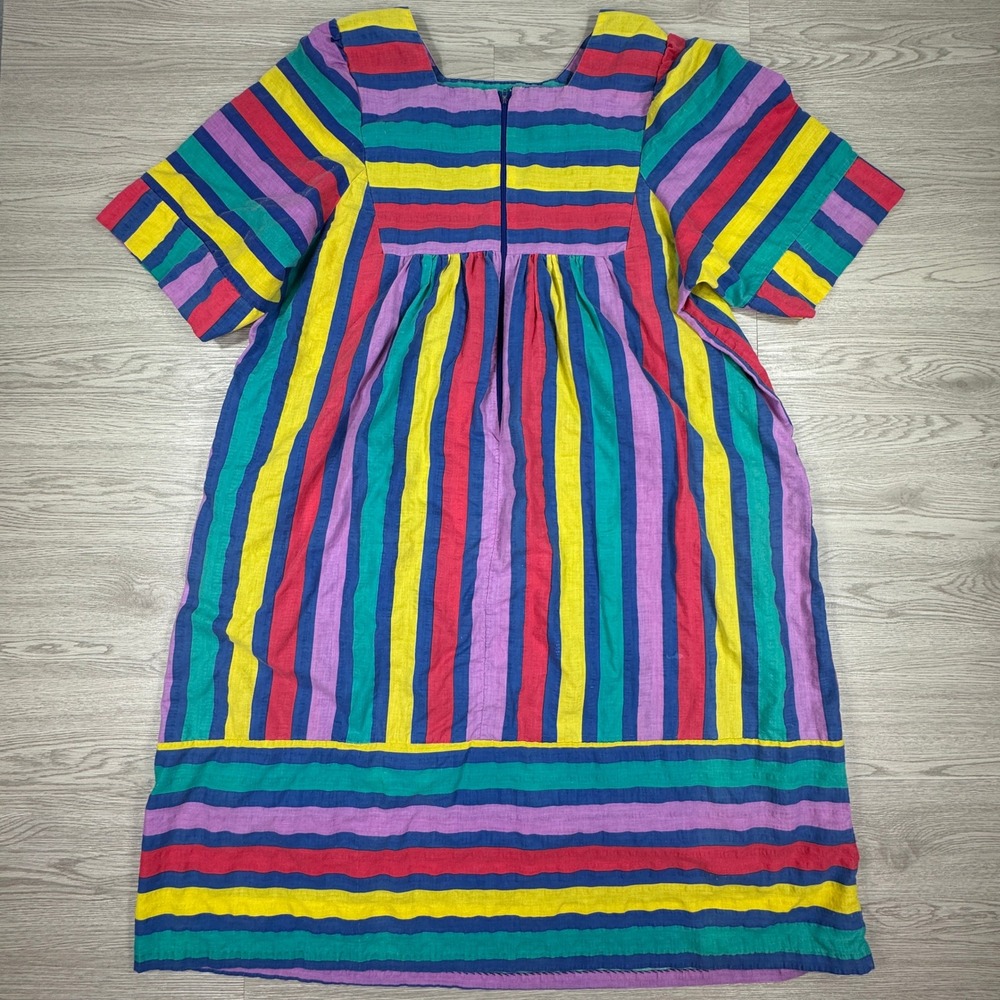 Styled by Saybury Women Lounger Muu Muu Dress Rainbow Stripe 2X Pockets Vintage